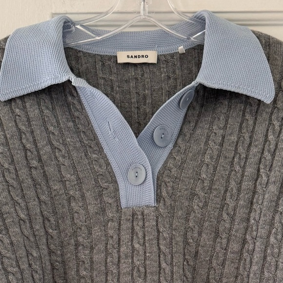 Sandro France Reno Contrast Collar Cropped Cable Knit Sweater Preppy Academia - Picture 5 of 9